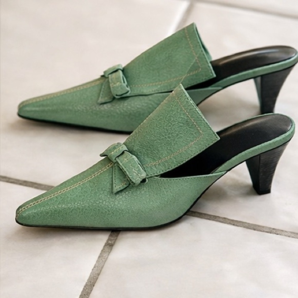 Rare Vintage Prada Sage Green Pointed Toe Mule Heels Bow Detail IT 36.5 - Picture 5 of 5